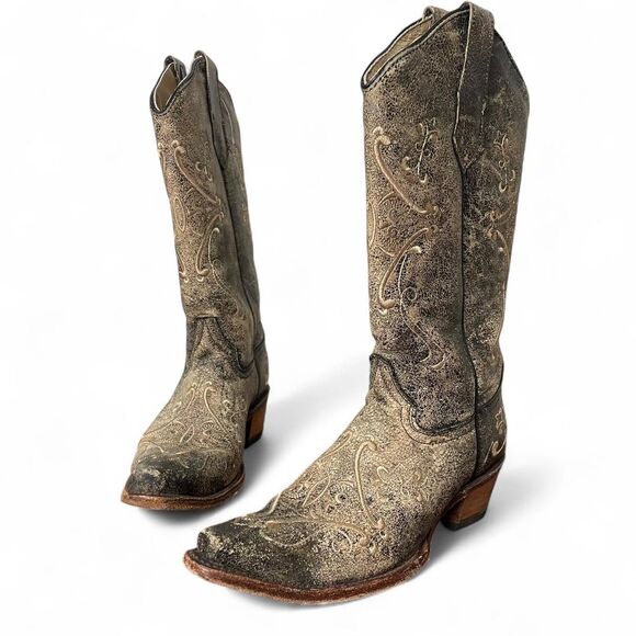 Circle G by Corral Women's Black Tan Distressed Embroidered Western Boots Sz 7.5 - Picture 1 of 7
